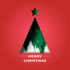 Merry Christmas and winter season on red background. Green christmas Tree decorated .Vector illustration in paper art craft