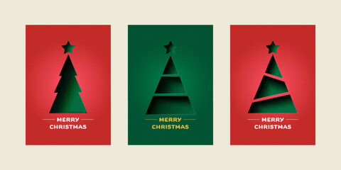 Set of Merry Christmas greeting card. Trendy minimalist geometric shape design with Christmas Tree. Paper art Vector Illustration. Template for poster, banner, holiday cover.
