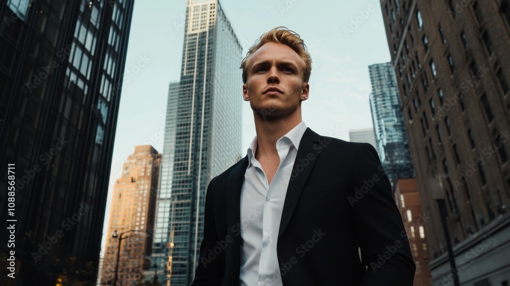 Aufkleber a man in a suit stands in front of a tall building in a city