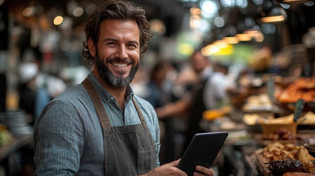 Happy male restaurant owner with a tablet, checking inventory and customer orders in a bustling eatery