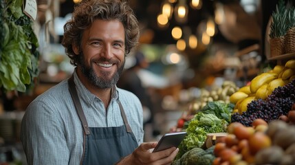 Smiling male cafe owner checking inventory and online orders using a digital device in a cozy cafe environment