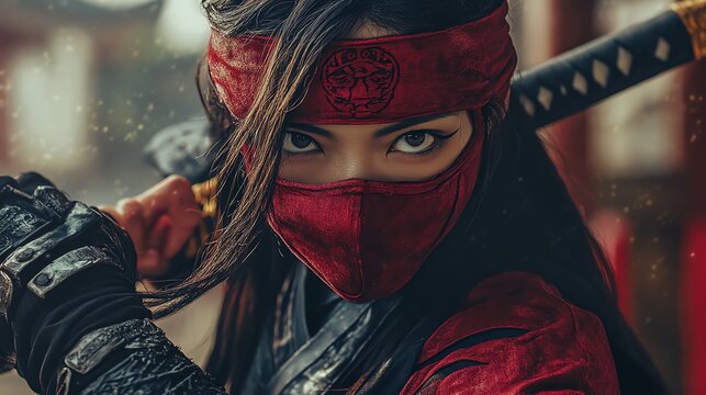 A woman in a red face mask and black clothing holds a katana sword, looking intensely at the camera with a serious expression.