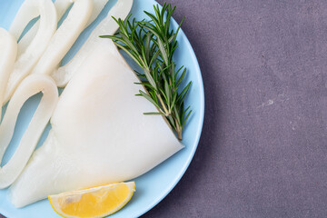 Squid tube and ring photography . Seafood top view