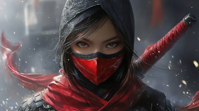 A woman in a red face mask and black clothing holds a katana sword, looking intensely at the camera with a serious expression.