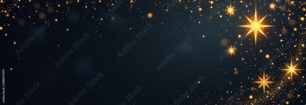 Poster a black background with two golden stars hanging from the top