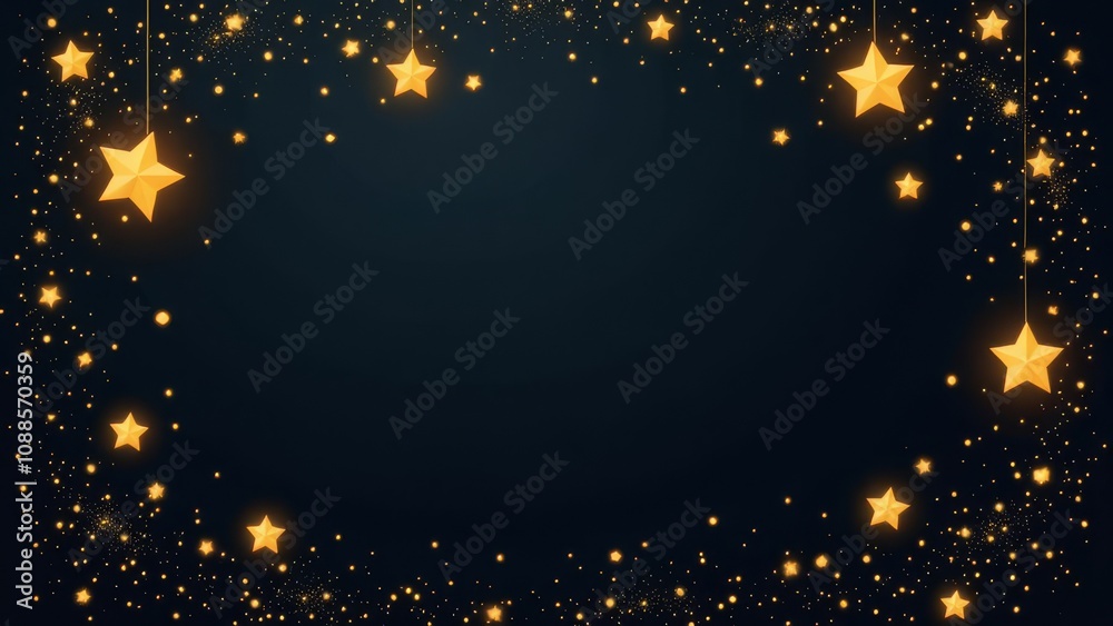 Poster a black background with two golden stars hanging from the top