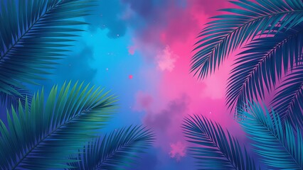 A tropical scene with a blue sky and purple and pink clouds