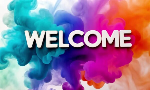 Colorful welcome animation with the word "WELCOME" displayed in the center, surrounded by vibrant smoke effects spreading across the screen. Ideal for presentations, intros, or greeting videos.