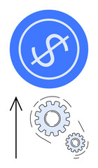 Blue dollar sign in crossed-out circle above two gears and an upward arrow. Ideal for money, finance, economics, savings, investment, mechanical productivity, business development. Line metaphor