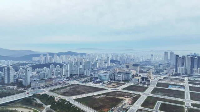 Drone View of Sejong City in South Korea, Park, Autumn, 60fps