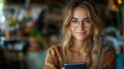 Confident woman entrepreneur managing her boutique with a digital device, surrounded by stylish merchandise and displays