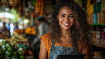 Front view of a Hispanic female mid-aged shop owner working on a digital tablet behind the counter in a souvenir business, smiling