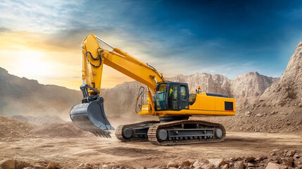 Heavy machinery operation construction site excavator rugged terrain dynamic angle engineering and infrastructure development