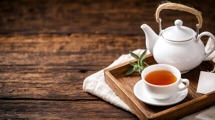 Brewing serenity tea setup on rustic wooden tray cozy kitchen beverage photography warm atmosphere close-up view mindfulness and relaxation concept