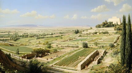 Mesopotamian Agricultural Life: Farming in Lush Fields with Ziggurat View