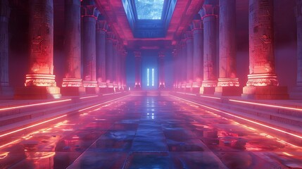 Obraz premium A futuristic temple with bioluminescent architecture and holographic spiritual symbols 