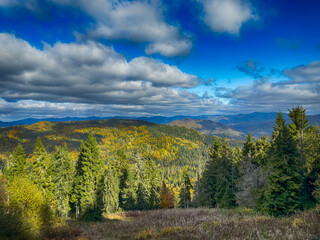 The landscape of Carpathian Mountains in the sunny weather. Perfect weather condition in the autumn season