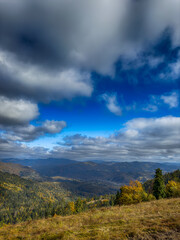 The landscape of Carpathian Mountains in the sunny weather. Perfect weather condition in the autumn season