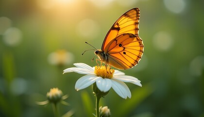 Obraz premium Beautiful Butterfly Resting on a Delicate Flower, Nature’s Serenity with Copy Space 