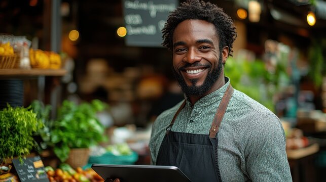 Black man with a tablet, small business owner, smiling and managing in a coffee shop - Powered by Adobe