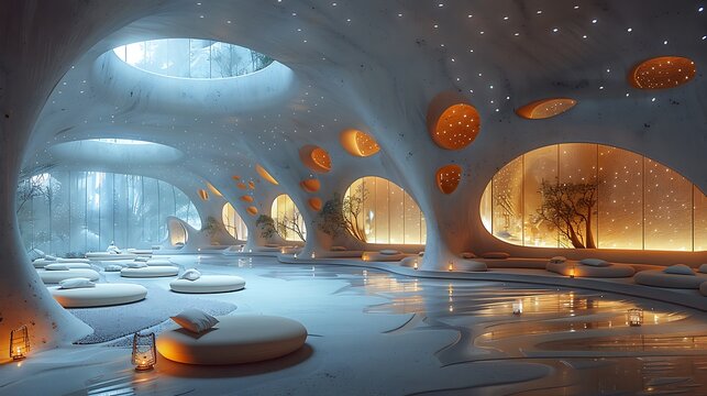 A high-tech meditation center with robotic guides and bioluminescent serenity areas 