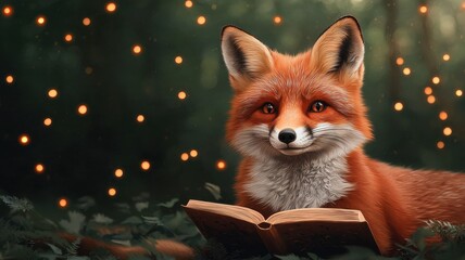 Obraz premium A charming fox sits beside an open book in a magical forest setting, surrounded by lights., 3D illustration