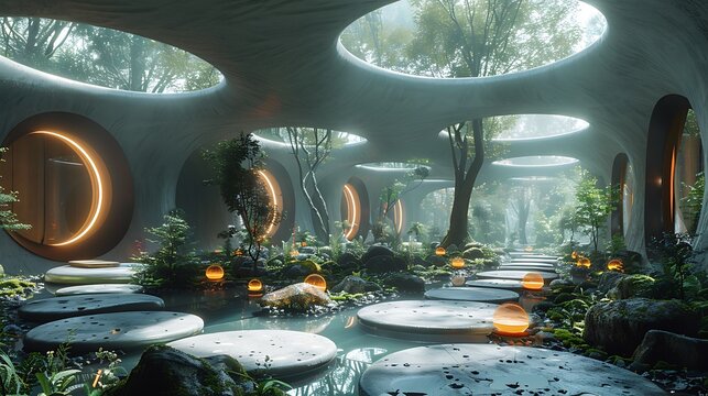 A high-tech meditation center with robotic guides and bioluminescent serenity areas 