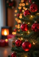 Christmas and New Year holiday concepts. Red balls on fir branches. Interior Christmas. Magic glowing tree, fireplace, gifts background