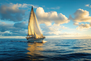 Fototapeta premium A sailboat glides through the blue ocean under a vibrant sunset sky, with fluffy clouds and golden light illuminating the scene, creating a peaceful atmosphere.
