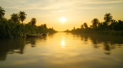 Obraz premium Mesopotamian Sunset Serenity: Ancient Boats on Tigris River Reflecting Tranquil Landscapes