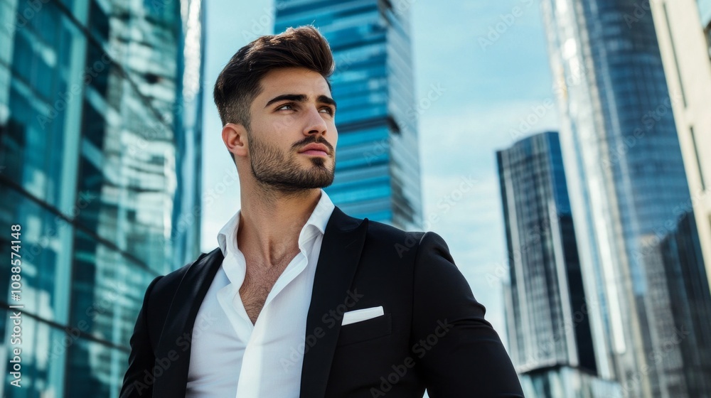 Poster a man in a suit and tie stands in front of a tall building