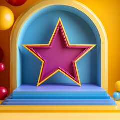Fototapeta premium Pink star award on blue and yellow podium. Concept of success, achievement, and celebration.