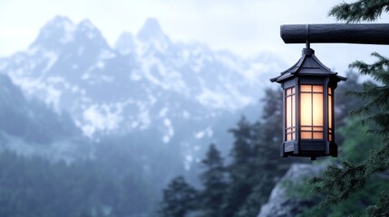 A lantern illuminates a serene mountain landscape.