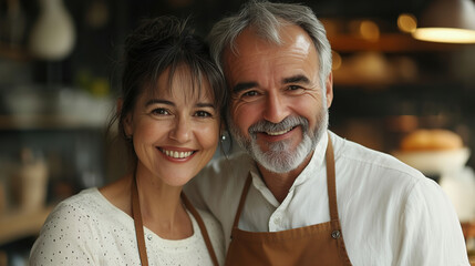 Smiling couple in aprons at a cozy bakery during morning hours creating delicious pastries. Generative AI