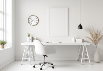 Home office interior with a bright color scheme, featuring a desk and chair, mockup frame on wall