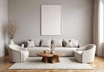 Modern living room interior with comfortable sofa, chic decor, and contemporary design