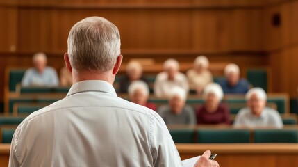 Government Pension Retire Concept, Government Worker Explaining Pension Benefits to Senior Audience in a Classroom Setting with Engaged Listeners in a Public Meeting Environment
