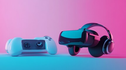 A virtual reality headset with controllers is shown against a pink and blue gradient background.