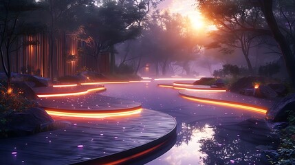 A sleek meditation garden with interactive digital mindfulness guides and neon-lit tranquility zones 