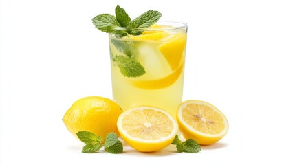 Fototapeta premium A refreshing glass of lemonade with slices of fresh lemon and sprigs of mint, Its vibrant yellow color and tangy aroma enticingly displayed