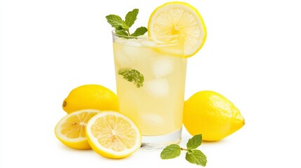 A refreshing glass of lemonade with slices of fresh lemon and sprigs of mint, Its vibrant yellow color and tangy aroma enticingly displayed