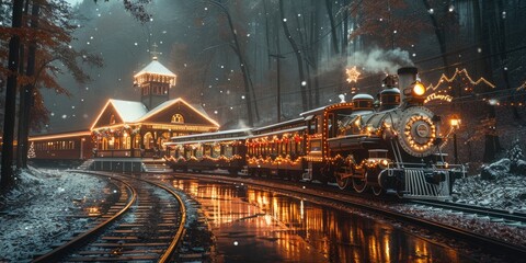 Obraz premium Vintage Christmas train traversing a snowy landscape with festive decorations in a woodland setting
