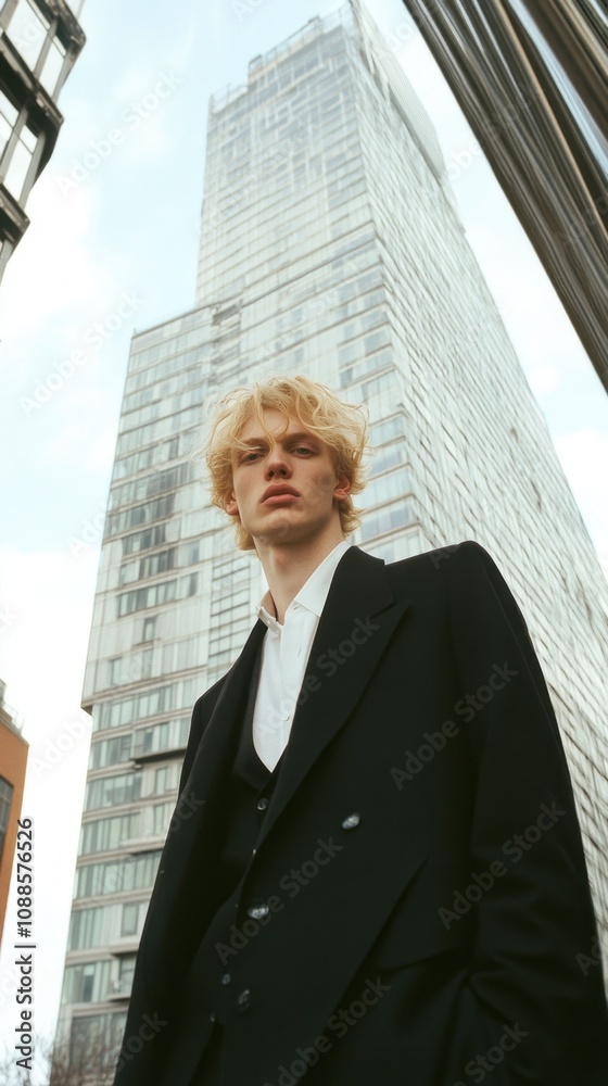 Aufkleber a man in a black suit stands in front of a tall building