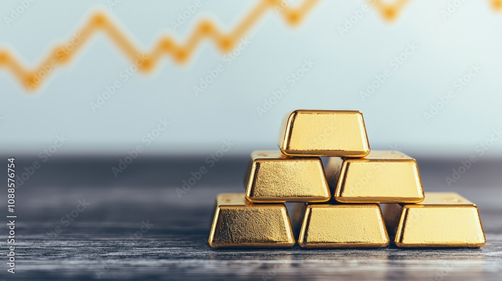Poster gold bars stacked on wooden table with rising graph symbolizing growth
