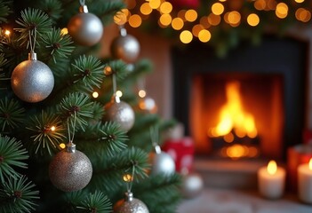 Christmas and New Year holiday concepts. Silver balls on fir branches. Interior Christmas. Magic glowing tree, fireplace, gifts background