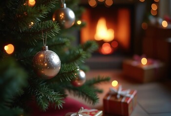 Christmas and New Year holiday concepts. Silver balls on fir branches. Interior Christmas. Magic glowing tree, fireplace, gifts background