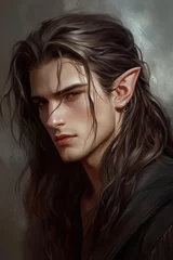Male elf, fantasy art style, brown hair and dark eyes, pale skin, portrait, anime-style, character concept, high detail, fantasy setting, cinematic lighting, long wavy hair, sharp features, handsome 