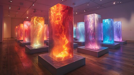 An avant-garde spiritual art gallery with shifting holographic spiritual themes and bioluminescent lighting 