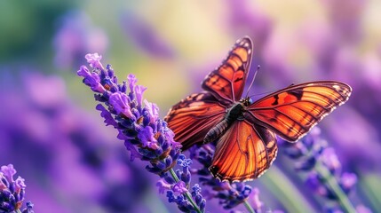 Closeup of butterfly on a lavender flower, vibrant purples and orange, natural beauty