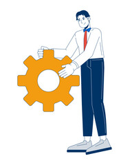 Positive asian man office worker with gear 2D cartoon character. Corporate employee male carrying mechanism detail isolated person flat vector on white background. Spot illustration colorful